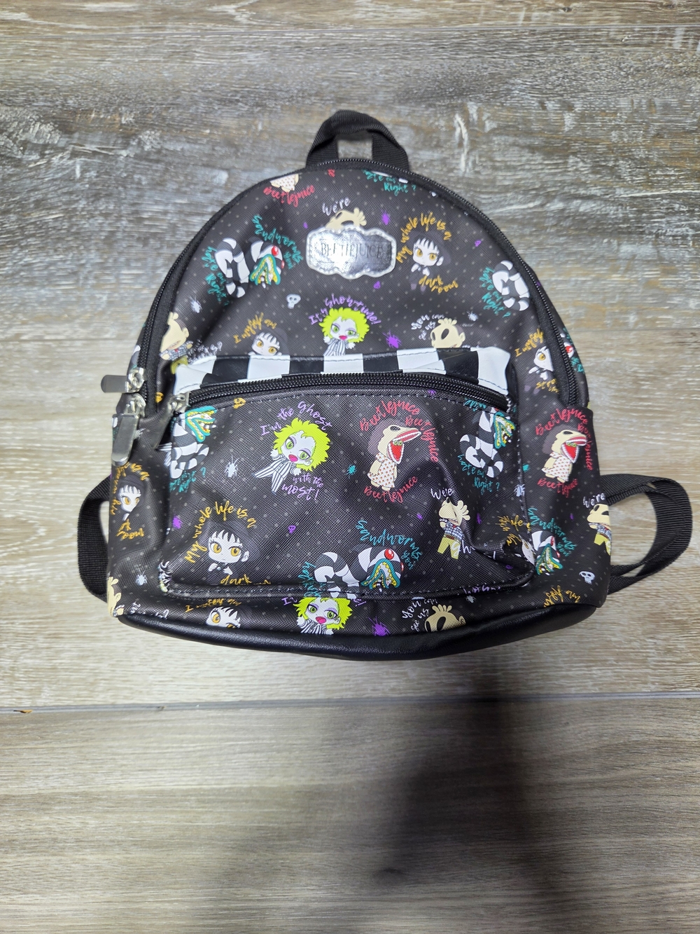 Beetlejuice Chibi Character Print Mini Backpack Black Adjustable Straps